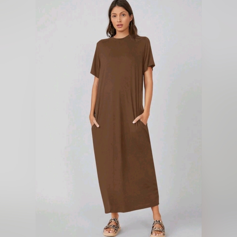 SHEIN BASICS Women'S Short Sleeve Invisible Pocket Dress